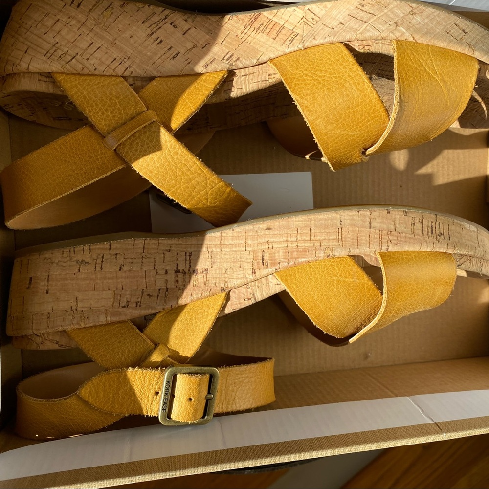 Kork-Ease Mustard Strappy Cork Wedges Size 10 Excellent Comfy Condition With Box - Picture 3 of 13